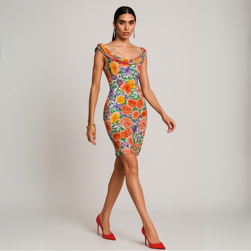 Vintage 90s HUNZA G Floral Bodycon Crinkle Dress, Fitted Dress Red Flowers